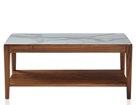Table basse rectangulaire en noyer et céramique effet marbre blanc avec tablette 100x50 cm