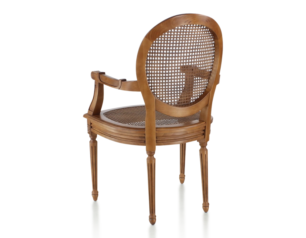 Chaise ancienne style Louis XVI avec accoudoirs bois teinte ancienne assise et dossier cannés Chaise ancienne style Louis XVI avec accoudoirs bois teinte ancienne assise et dossier cannés