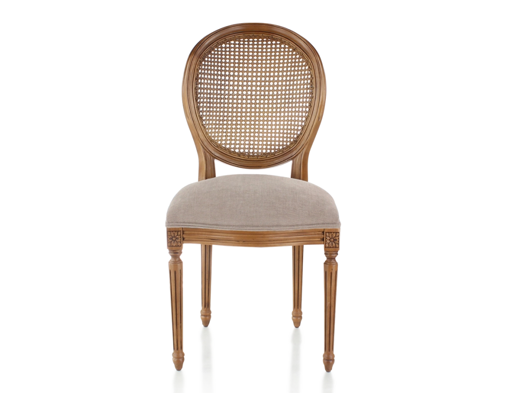 Antique Louis XVI style chair wood stained antique caned back taupe fabric seat Antique Louis XVI style chair wood stained antique caned back taupe fabric seat