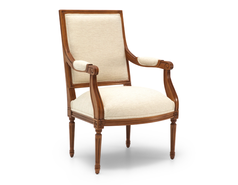 Fauteuil ancien style Louis XVI bois teinte ancienne et tissu chiné beige Fauteuil ancien style Louis XVI bois teinte ancienne et tissu chiné beige