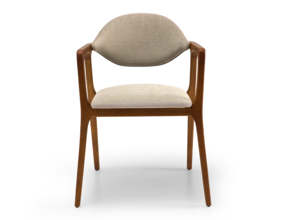 Designer armchair cherry wood stain and taupe fabric