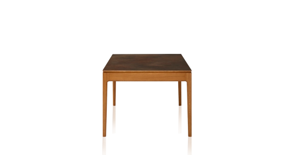 Table salle à manger en chêne et céramique 6 à 8 personnes avec bois teinte merisier et plateau céramique brun oxydé 160x90 cm