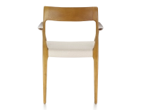 Scandinavian armchair with armrests cherry-stained wood, beige chevron fabric seat Scandinavian armchair with armrests cherry-stained wood, beige chevron fabric seat