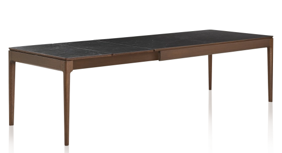 Table extensible 8 à 12 personnes en chêne et céramique allonges céramique avec bois teinte marron foncé et plateau et allonges céramique effet ardoise 160x100 cm