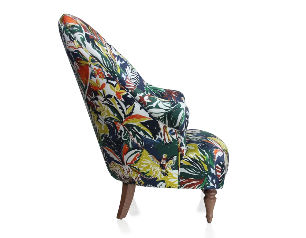 Toad armchair with armrests walnut-stained wooden legs and high-backed jungle fabric Toad armchair with armrests walnut-stained wooden legs and high-backed jungle fabric