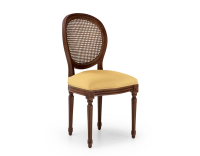 Louis XVI style antique chair dark brown stained wood with cane backrest and yellow fabric seat. Louis XVI style antique chair dark brown stained wood with cane backrest and yellow fabric seat.