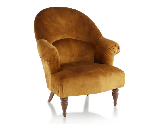 Fauteuil crapaud avec accoudoirs pieds bois teinte noyer et tissu velours bronze moyen dossier