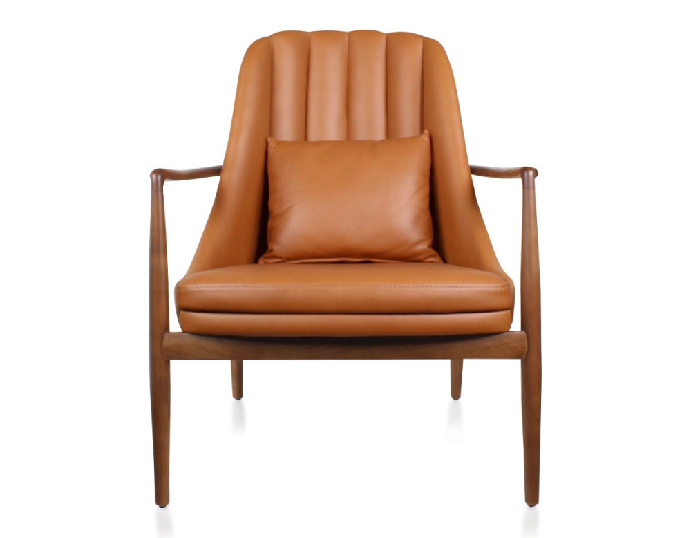 Fauteuil scandinave bois teinte merisier et cuir caramel Fauteuil scandinave bois teinte merisier et cuir caramel