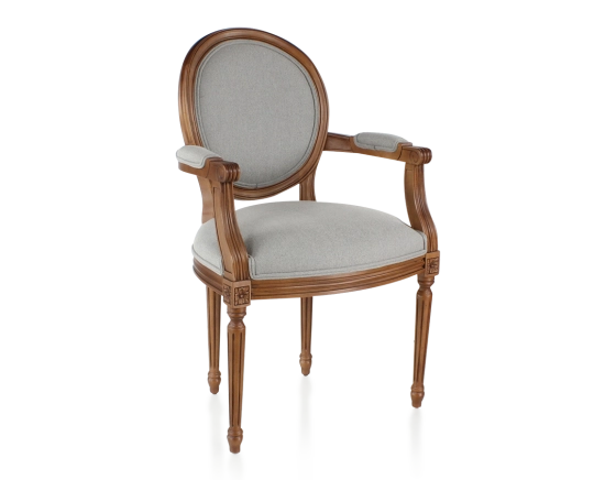 Chaise ancienne style Louis XVI avec accoudoirs bois teinte ancienne et tissu gris clair