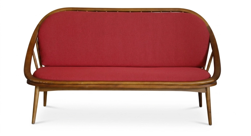 Scandinavian 2-seater sofa cherry wood stain and red fabric.