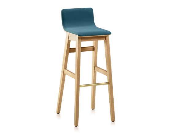 Tabouret de bar en chêne H80 cm bois teinte naturelle assise tissu bleu océan