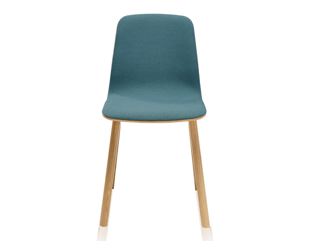 Chaise design en chêne tapissé bois teinte naturelle assise tissu bleu océan Chaise design en chêne tapissé bois teinte naturelle assise tissu bleu océan