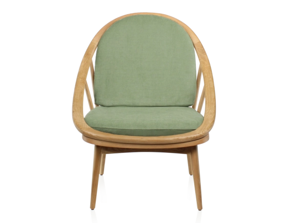Scandinavian armchair cherry wood stain and green fabric
