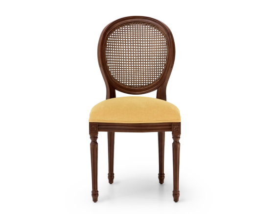 Chaise ancienne style Louis XVI bois teinte marron foncée dossier canné assise tissu jaune