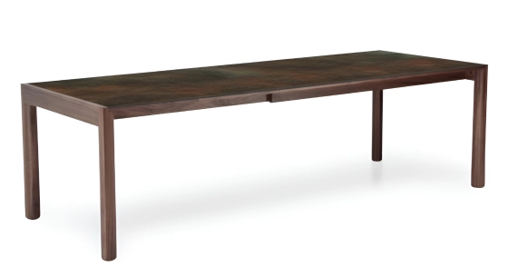 Extending table for 8 to 14 people in walnut and ceramic with ceramic extensions natural wood finish and brown marble-effect ceramic 210x100 cm