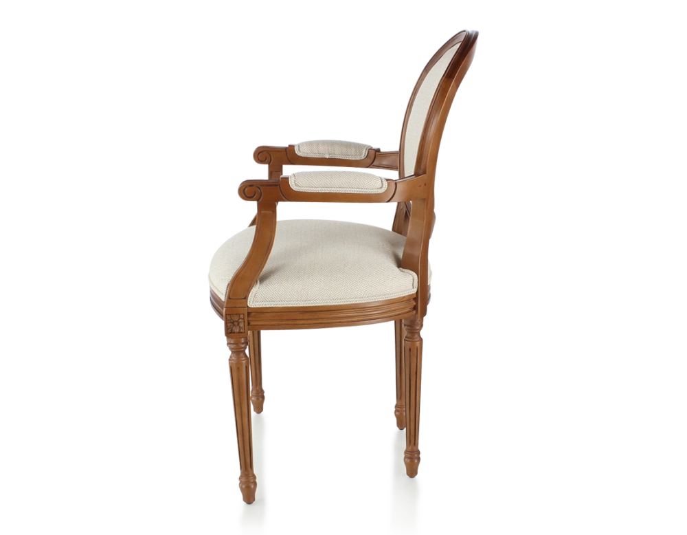 Chaise ancienne style Louis XVI avec accoudoirs bois teinte ancienne et tissu chevron beige Chaise ancienne style Louis XVI avec accoudoirs bois teinte ancienne et tissu chevron beige