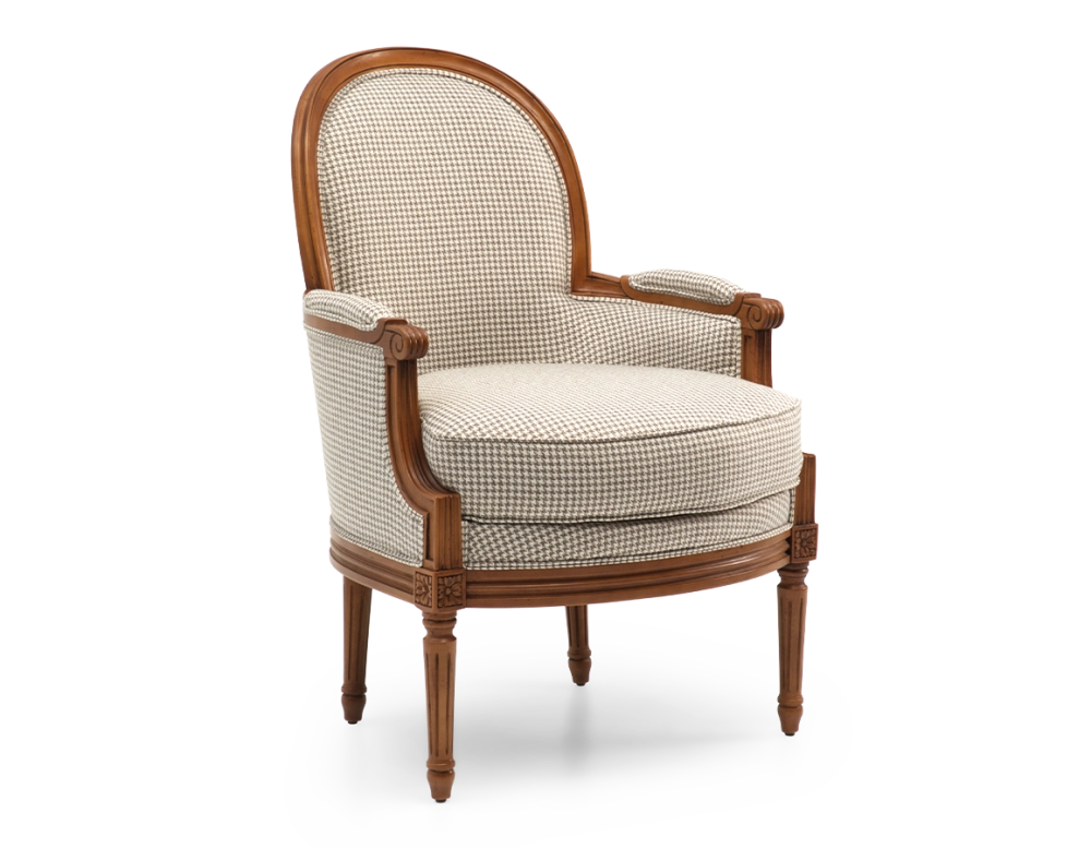 Louis XVI style bergère armchair wood antique stain and white and taupe houndstooth fabric Louis XVI style bergère armchair wood antique stain and white and taupe houndstooth fabric
