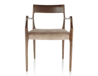 Chaise scandivave avec accoudoirs bois teinte marron foncé assise tissu velours taupe clair