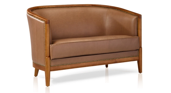 Canapé ancien 2 places bois teinte meriser et cuir noisette