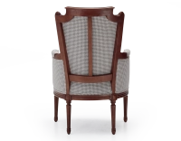 Fauteuil bergère style Louis XVI bois teinte ancienne et tissu pied de poule blanc et taupe Fauteuil bergère style Louis XVI bois teinte ancienne et tissu pied de poule blanc et taupe