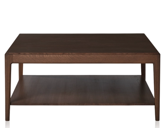 Table basse carrée en chêne avec tablette teinte marron foncé 100x100 cm
