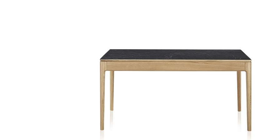 Extendable table for 8 to 12 people in oak and ceramic with ceramic extensions with natural stained wood and ceramic slate effect top and extensions 160x100 cm