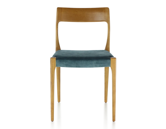Chaise scandinave bois teinte merisier assise tissu velours bleu pétrole