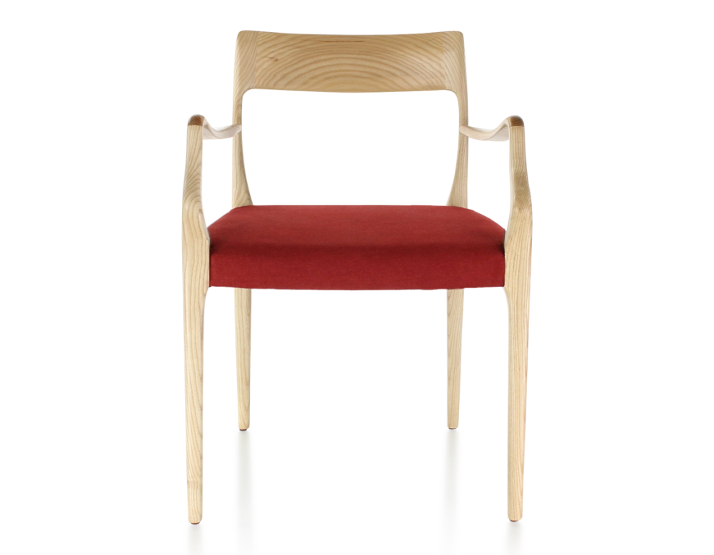 Scandinavian armchair with armrests natural wood stain burgundy fabric seat Scandinavian armchair with armrests natural wood stain burgundy fabric seat