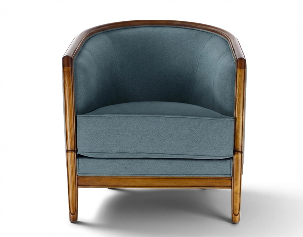 Fauteuil ancien accoudoirs moulurés bois teinte ancienne et tissu bleu océan