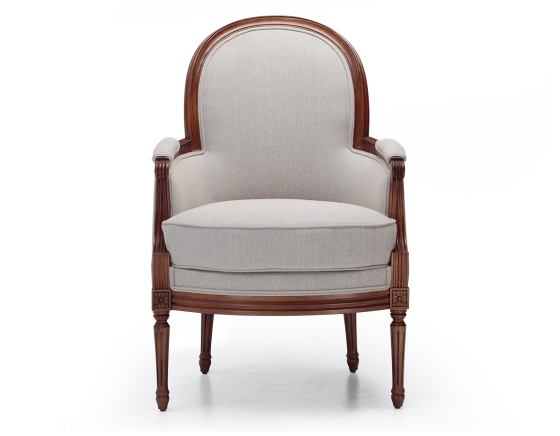 Fauteuil bergère mouluré style Louis XVI bois teinte ancienne et tissu beige naturel