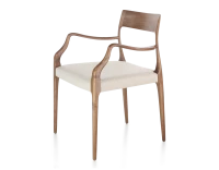 Chaise scandivave avec accoudoirs bois teinte noyer assise tissu chevron beige
