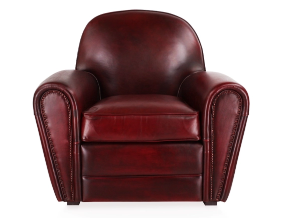 Fauteuil club cuir rouge carmin accoudoirs cloutés
