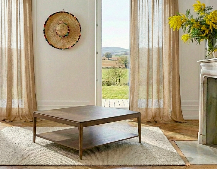 Mesa de centro cuadrada de roble con estante tinte nogal 100x100 cm