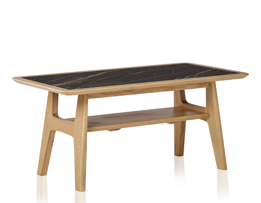 Table basse rectangulaire en chêne et céramique avec bois teinte naturelle plateau céramique effet marbre noir 100x50 cm Table basse rectangulaire en chêne et céramique avec bois teinte naturelle plateau céramique effet marbre noir 100x50 cm