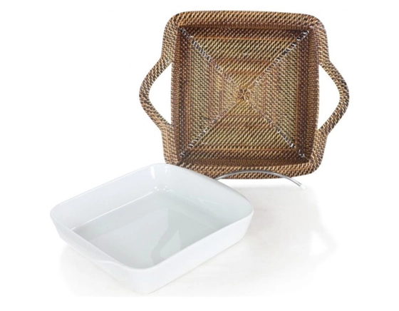 Square porcelain dish with small rattan flower stand