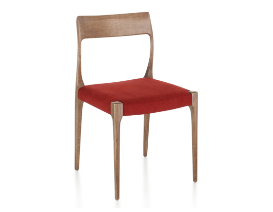 Chaise scandinave bois teinte noyer assise tissu bordeaux