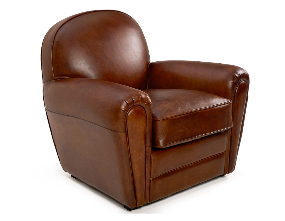 Fauteuil club cuir marron vintage accoudoirs passepoil Fauteuil club cuir marron vintage accoudoirs passepoil