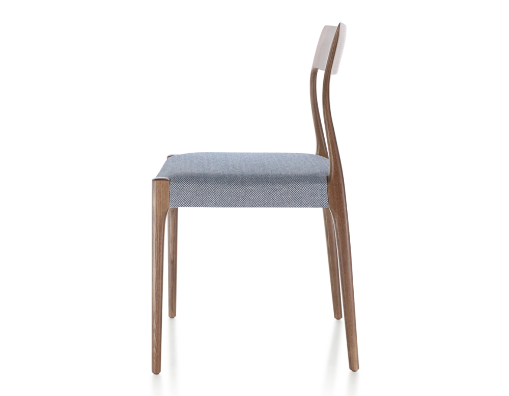 Scandinavian chair dark brown stained wood, blue chevron fabric seat Scandinavian chair dark brown stained wood, blue chevron fabric seat