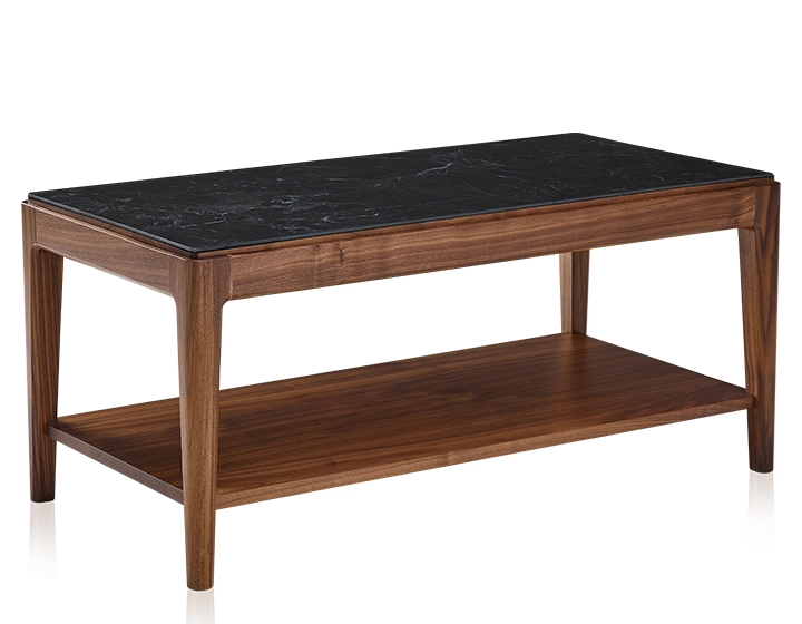 Rectangular coffee table in walnut and ceramic with shelf in natural stained wood, ceramic top with slate effect 100x50 cm Rectangular coffee table in walnut and ceramic with shelf in natural stained wood, ceramic top with slate effect 100x50 cm