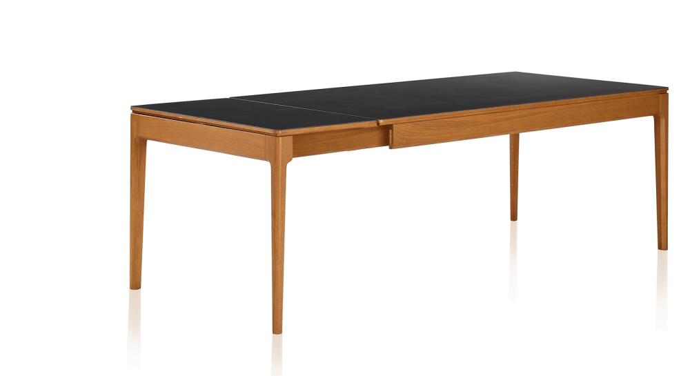 Table extensible 8 à 12 personnes en chêne et céramique allonges céramique avec bois teinte merisier et plateau et allonges céramique noire unie 180x100 cm
