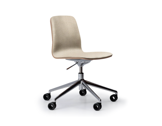 Design office chair aluminum metal base with casters and beige mottled fabric seat