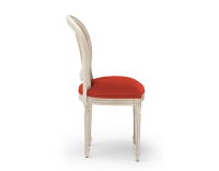 Louis XVI style antique chair wood with white cerused finish, caned backrest, and burnt orange fabric seat. Louis XVI style antique chair wood with white cerused finish, caned backrest, and burnt orange fabric seat.