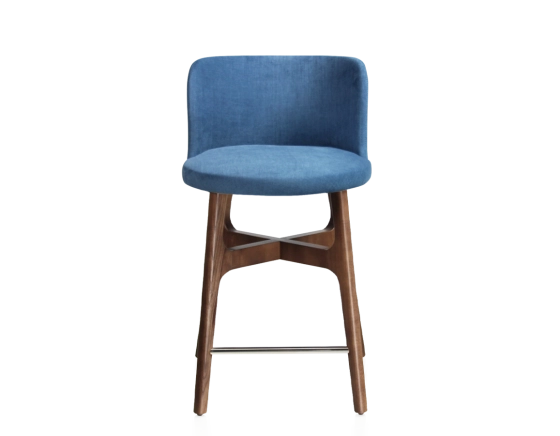 Tabouret de bar h60 cm bois teinte marron foncé assise tissu bleu jean