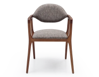 Chaise design avec accoudoirs bois teinte merisier et tissu chiné marron Chaise design avec accoudoirs bois teinte merisier et tissu chiné marron