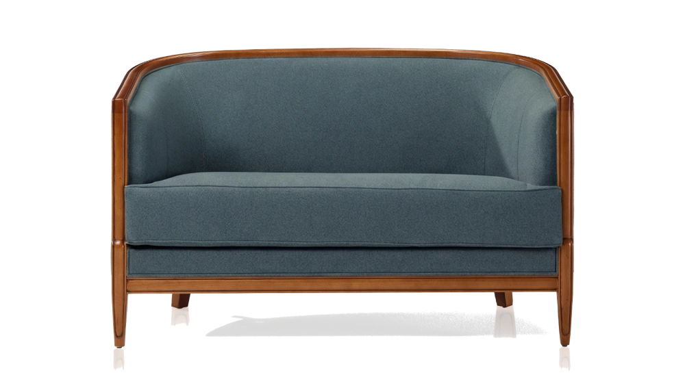 Canapé ancien 2 places accoudoirs moulurés bois teinte ancienne et tissu bleu océan