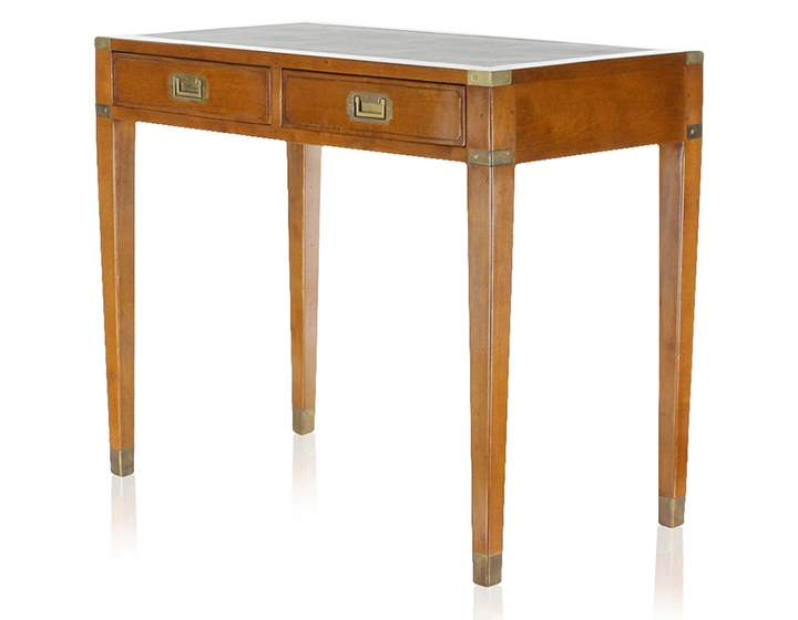 Bureau marine 2 tiroirs bois teinte merisier et cuir vert Bureau marine 2 tiroirs bois teinte merisier et cuir vert