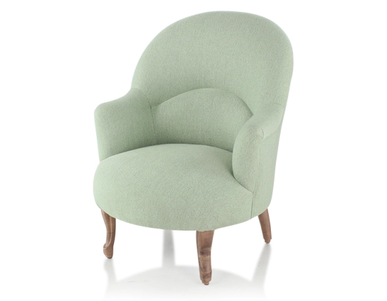 Fauteuil crapaud avec accoudoirs pieds bois teinte noyer et tissu vert sauge