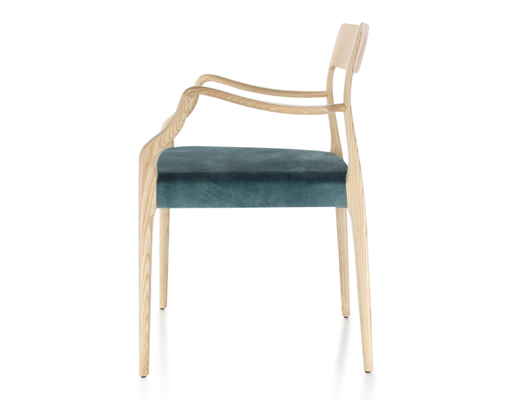 Scandinavian armchair with armrests natural stained wood, petrol blue velvet seat Scandinavian armchair with armrests natural stained wood, petrol blue velvet seat