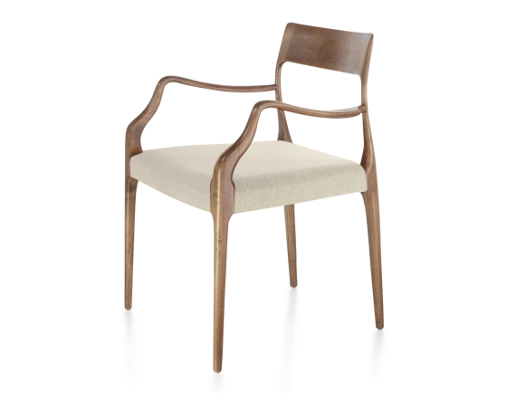 Scandinavian armchair with armrests walnut-stained wood, camel-coloured fabric seat