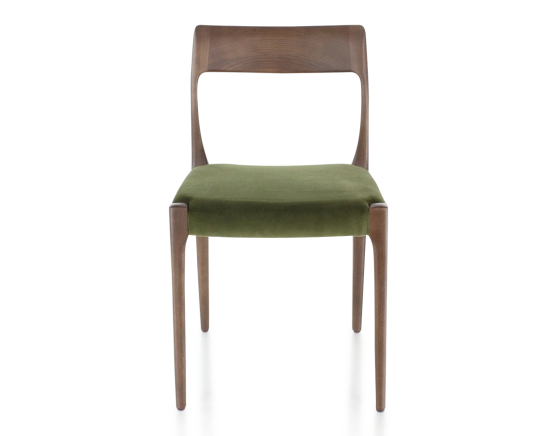 Chaise scandinave bois teinte marron foncé assise tissu vert olive